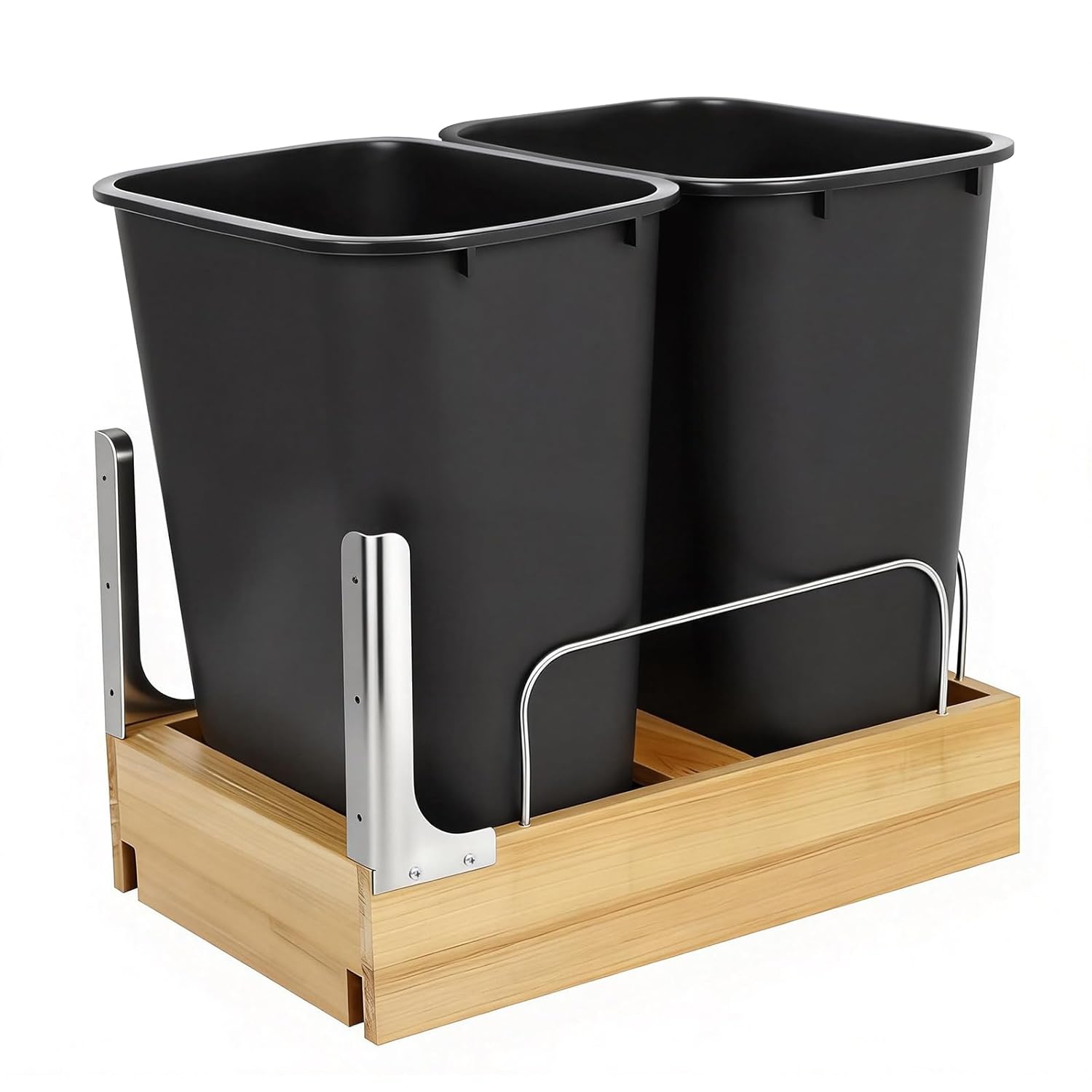 Double Pull Out Trash Can Under Cabinet, Large Dual 32 Qt Bins with 14" Wood Frame, Pull Out Garbage Can for Kitchen Cabinet with Soft-Close Slide Out Trash Can Cabinet Mount Home Recycling Bin