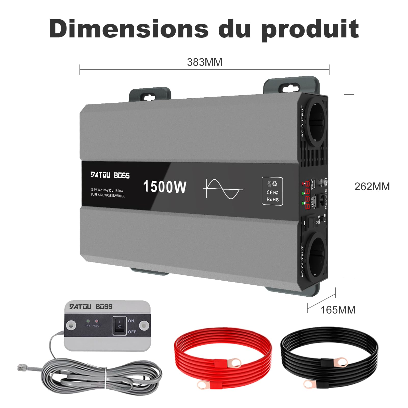 DATOUBOSS Convertisseur 12v 220v/230v Pur Sinus 1500W/3000W, Convertisseur 12v 220v 1500W, avec 2 Prises EU, Sortie USB/USB-C Et Écran LCD, Transformateur pour Camping-Cars, Camions, Camping