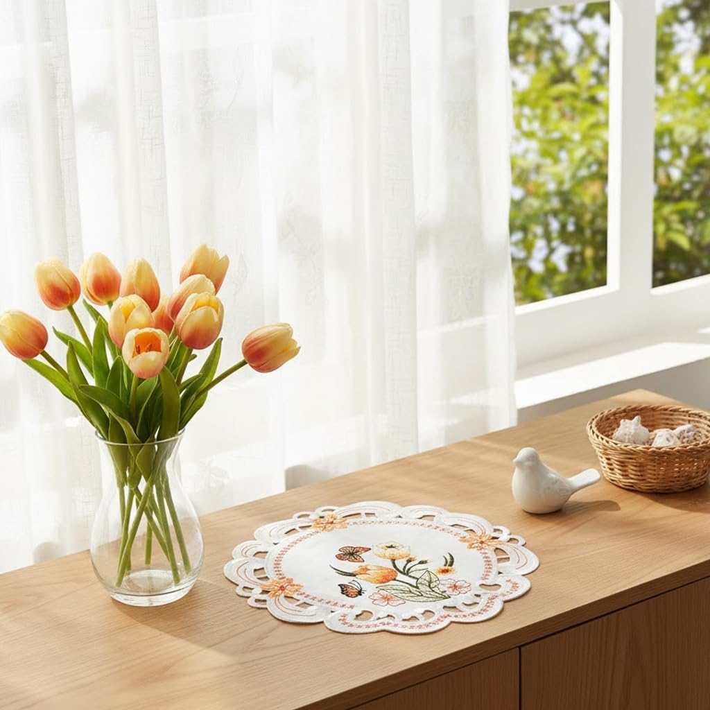 Orange Tulips and Butterflies Embroidery Doily 16-inch/ 40 cm Round Polyester, White
