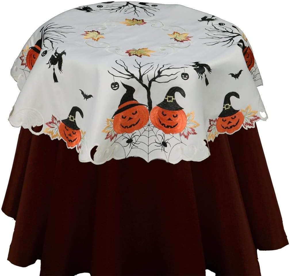 Creative LinensHalloween Tablecloth 52" Round, Embroidered Spooky Pumpkin Bats Witch Table Topper for Fall Holiday Decoration, Ivory
