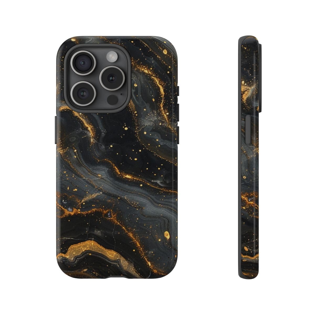 Coque rigide iPhone 15 Pro brillante marbrée noire et dorée premium - 4