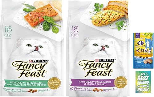Fancy Feast Gourmet - Alimento seco para gatos, 2 sabores (1) pescado y salmón (1) pollo salado y pavo, 16 onzas cada uno - Pegatina impermeable
