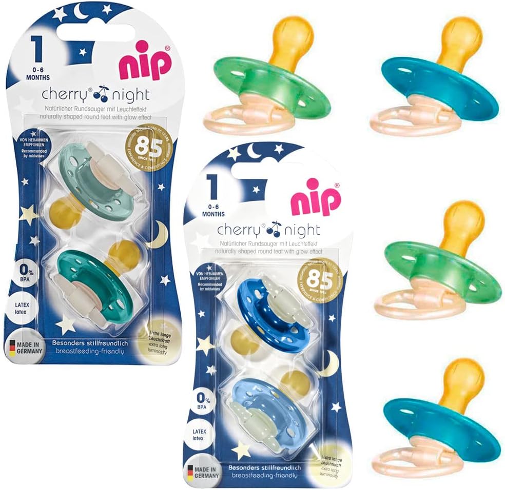 NIP Day & Night Cherry form Dummies 0-6 months Latex Natur kautschuk, pack of 8 (4 x Night glow in the dark + 4 x Day)