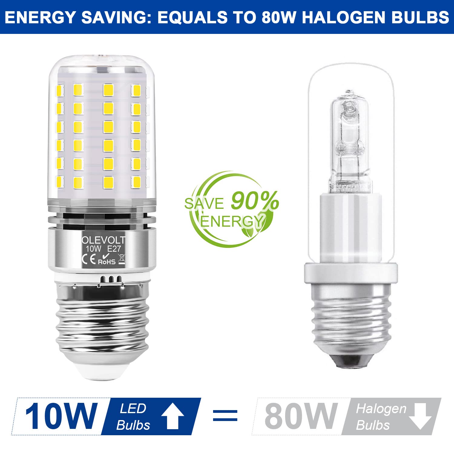 OLEVOLT Lampadine LED E27 10W Luce Fredda 5000K 1200LM Mais Lampadina E27 Equivalente 80W Lampada Alogena, Non Dimmerabile Nessun Sfarfallio Lampadina Mais E27 Risparmio Energetico Lampade Set di 6