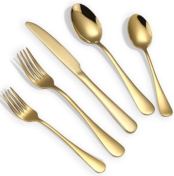 Gold Silverware Set, 20 Piece Golden Cutlery Set Service for 4, Stainless Steel Flatware Set Include Spoons Forks Knives Tableware Utensil Set for Kitchen Home Restaurant, Shiny Gold Polished