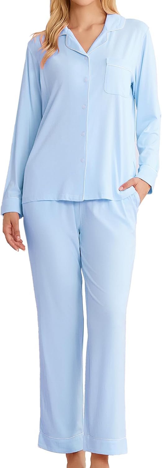 LYCY Womens Soft Pajama Set Long Sleeve with Pockets Button Up Sleepwear Lounge Pjs 2-Piece