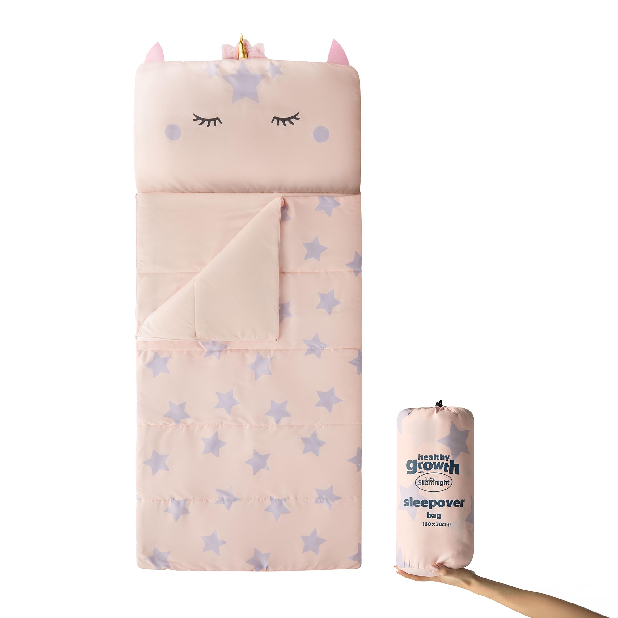Silentnight Healthy Growth All-In-One Sleepover Bag - Sleep Bag & Built-In Pillow for Comfort and Convenience - Super Soft and Cosy Brushed Microfibre Travel Nursery Sleeping Bag - 160x70cm, Unicorn