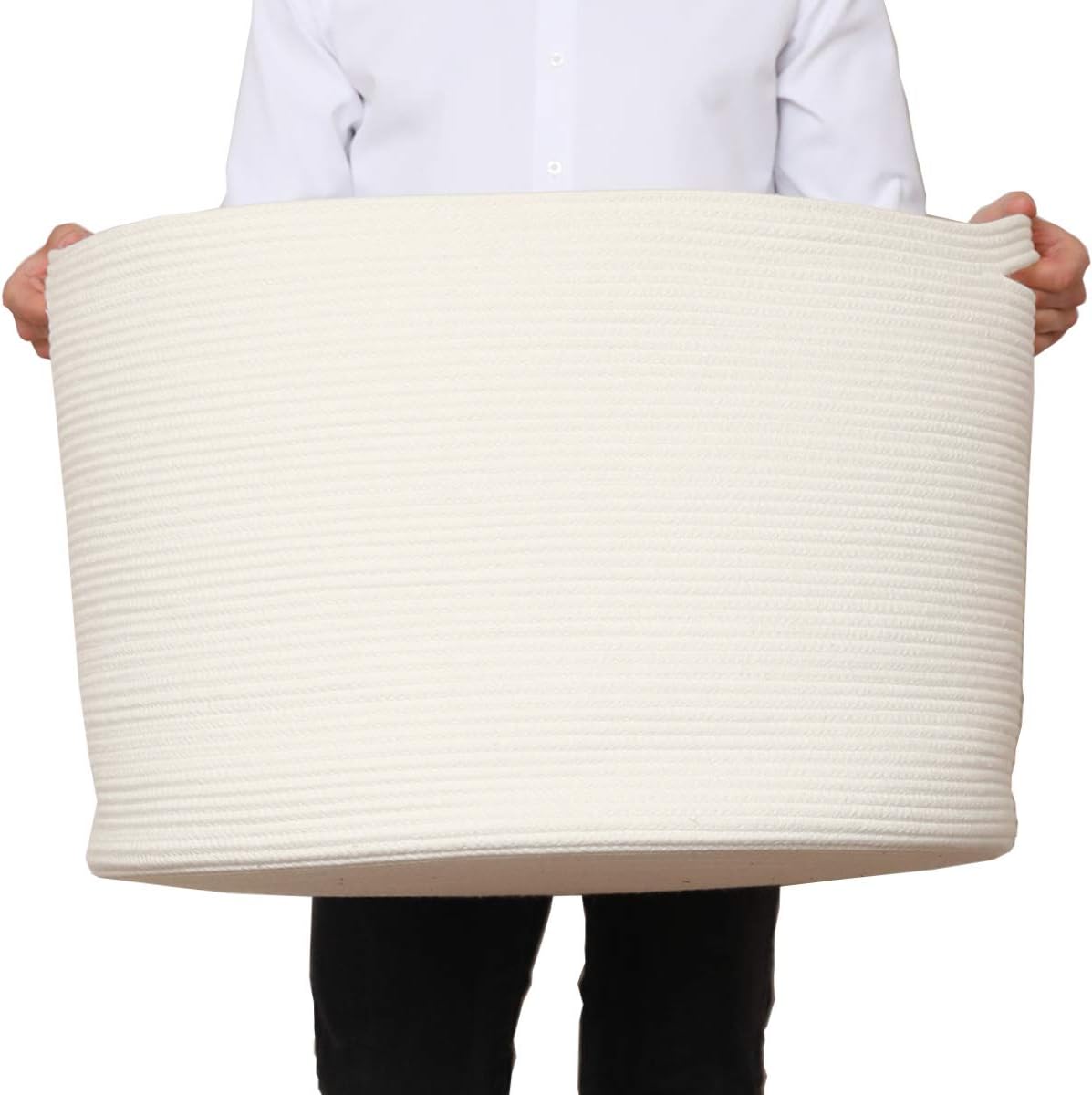 24" x 24" x 17" Max Size Large Cotton Rope Basket, Extra Large Storage Basket, Woven Laundry Hamper, Cloth Storage Bin, for Blankets Clothes Towels Pillows in Living Room, All White