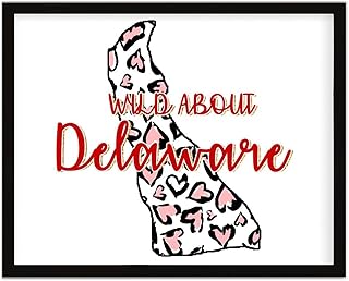 Wild About Delaware Framed Wood Sign Happy Valentine's Day Wood Sign 16" x 20" White Love Leopard Print Wall Art Pink Heart US States Map Wood Framed Sign Anniversary Wedding Gift