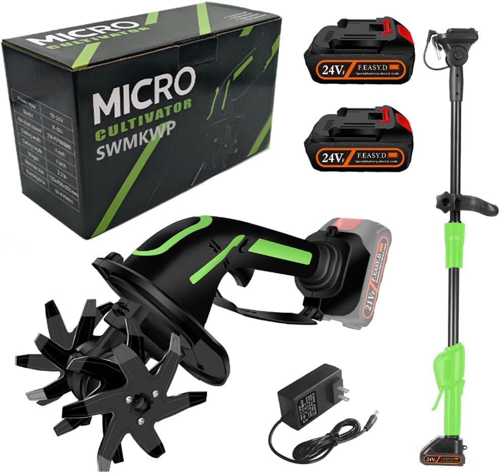 2 in 1 Cordless Tiller & Cultivator Electric Battery Powered Garden Soil Handheld Mini Rototiller Flower Beds Lawn Tool Rechargeable Portable Tiller Optional Extension Pole(Battery x 1)