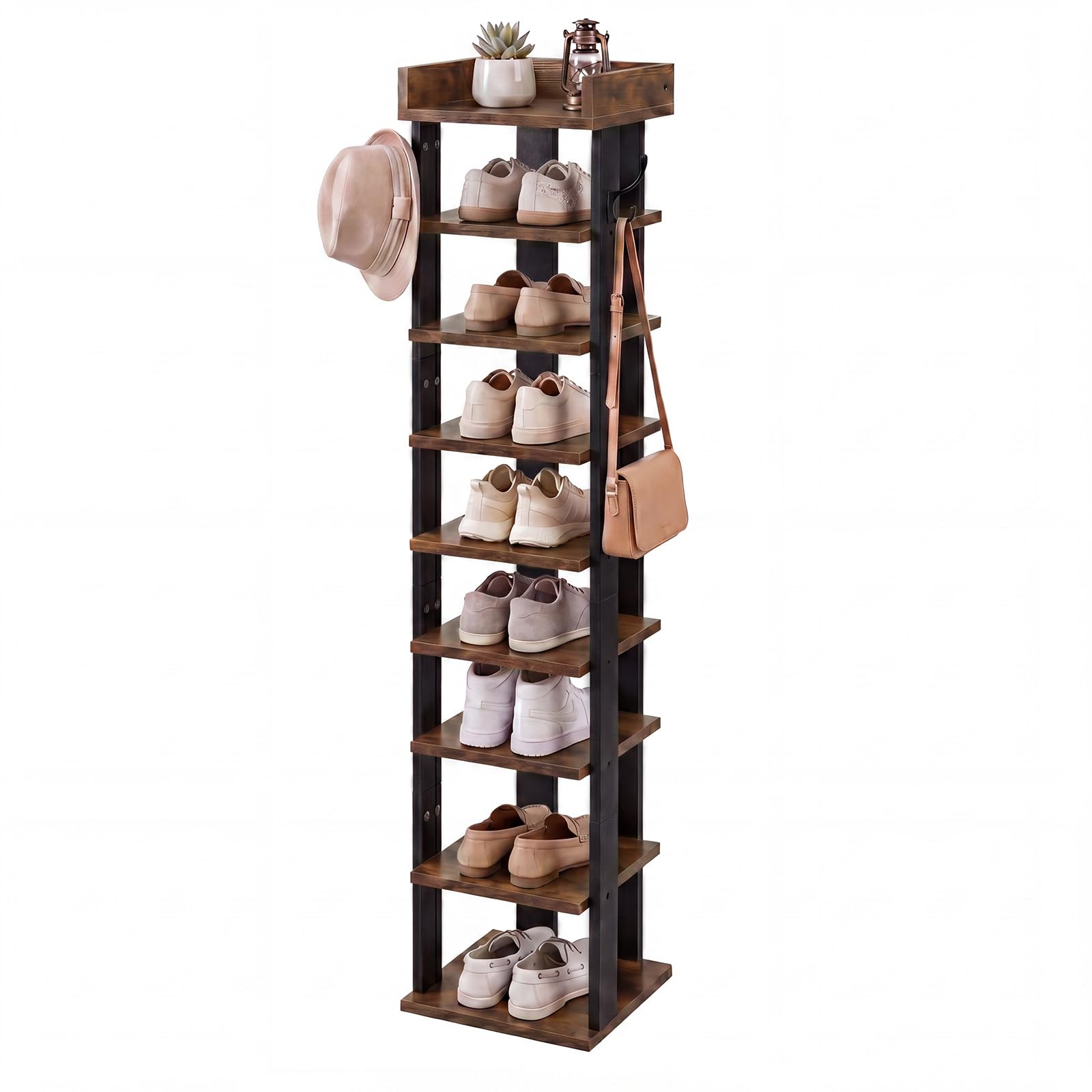 Levede 9 Tier Narrow Shoe Rack, Tall Shoe Rack, Slim Vertical Shoe Storage Unit, Space Saving Wooden Freestanding Shoe Organiser for Entryway, Hallway, Metal Frame, Anti Tip, 28x28x132cm
