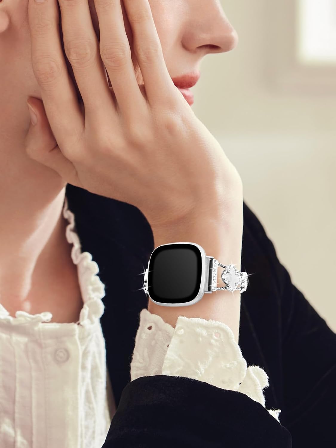 for Metal Bands, Compatible with Fitbit Versa 4/Versa 3/Fitbit Sense 2/Sense Band Smart Watch, Diamond Four Leaf Clover Stainless Watch Strap for Women - Image 7