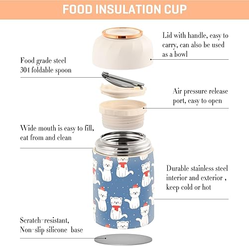 Miniatura 4 de Christmas Cats Blue Food Jar with Spoon Stainless Steel Vacuum Insulated Food Container 17 oz Thermos for Hot Food