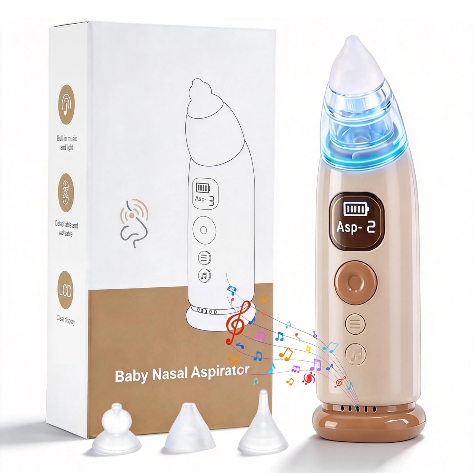 Baby Electric Nasal Aspirator, Anti-Backflow Snot Sucker with 3 Specialized Silicone Tips (Newborn/Toddler), 3 Suction Levels + Music, Easy-Clean Rechargeable Baby Nose Cleaner