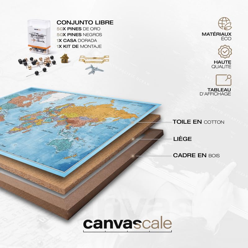 Carte du monde en toile avec tableau d'affichage en liège - Labels en Français - Décoration murale décorative pour toutes les pièces - Tableaux sur toile (90x60 cm, Motif 10 French)