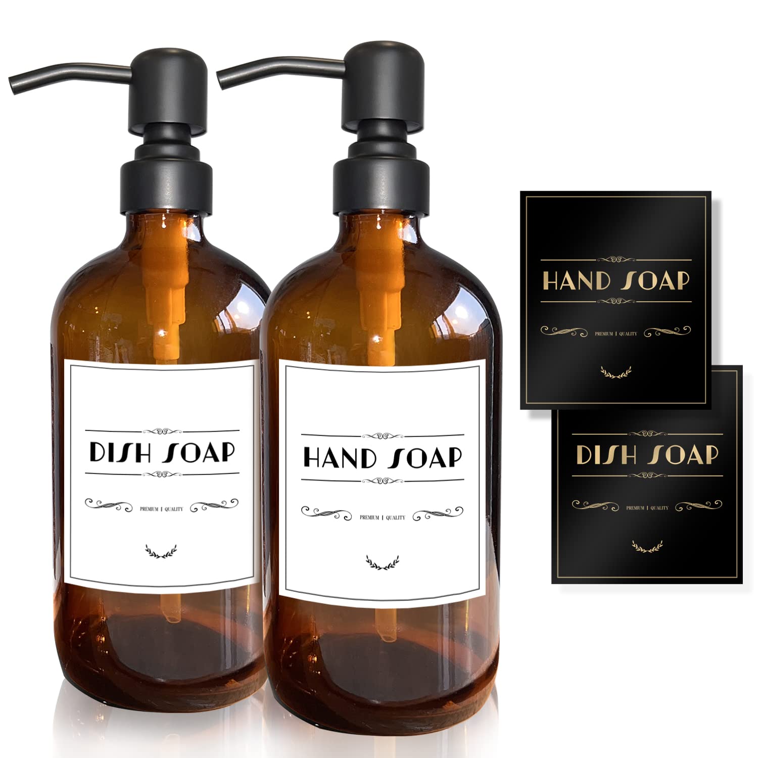 ASKDOOR Amber Glass Soap Dispenser, Hand Soap Bottle with Rustproof Matte Black Stainless Steel Pump and Waterproof Labels, 2 Pack Liquid Dish Soap Dispenser for Kitchen and Bathroom (17OZ / 500ML)