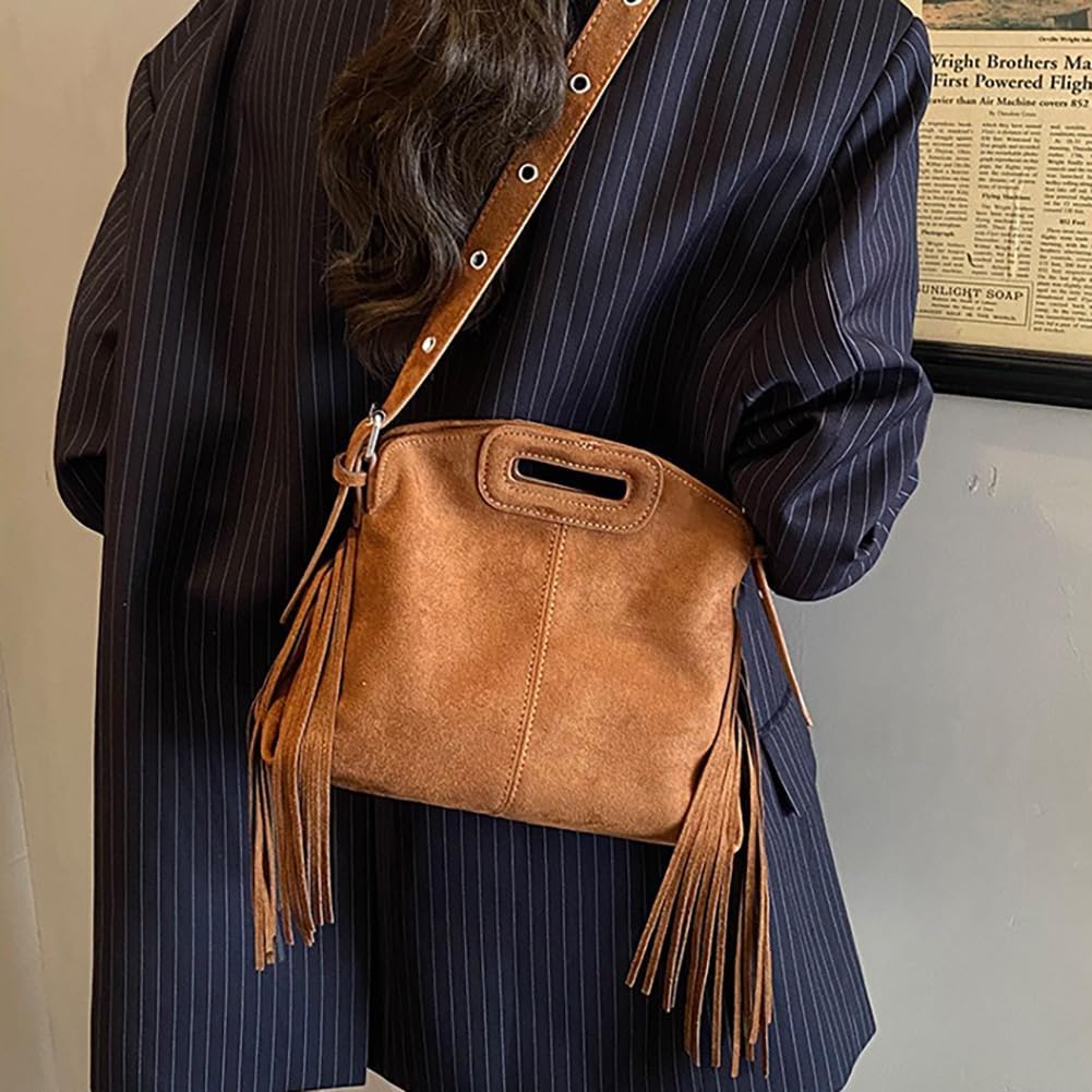 Women's Suede Fringe Crossbody Bag, Retro Hollow Handle Shoulder Purse, Novelty Fashion Tassels Bucket Bag Handbag