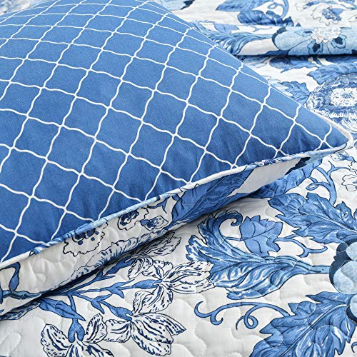 Image of Lush Decor Sydney Reversible Cotton Quilt Set, 3 Piece Set, Full /Queen, Navy & White - Cotton Bedding Set - Navy Floral Quilt - Cottage Decor - Bedding Queen Size