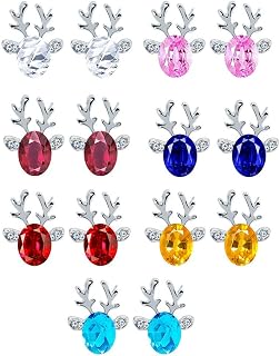 LUOEM 14PCS Christmas Reindeer Earrings Crystal Gemstone Antler Luxury Stud Ear Rings (White, Silver Lake Blue, Silver Sapphire, Silver Pink, Silver Yellow, Silver Red and Silver Purple/Pair)