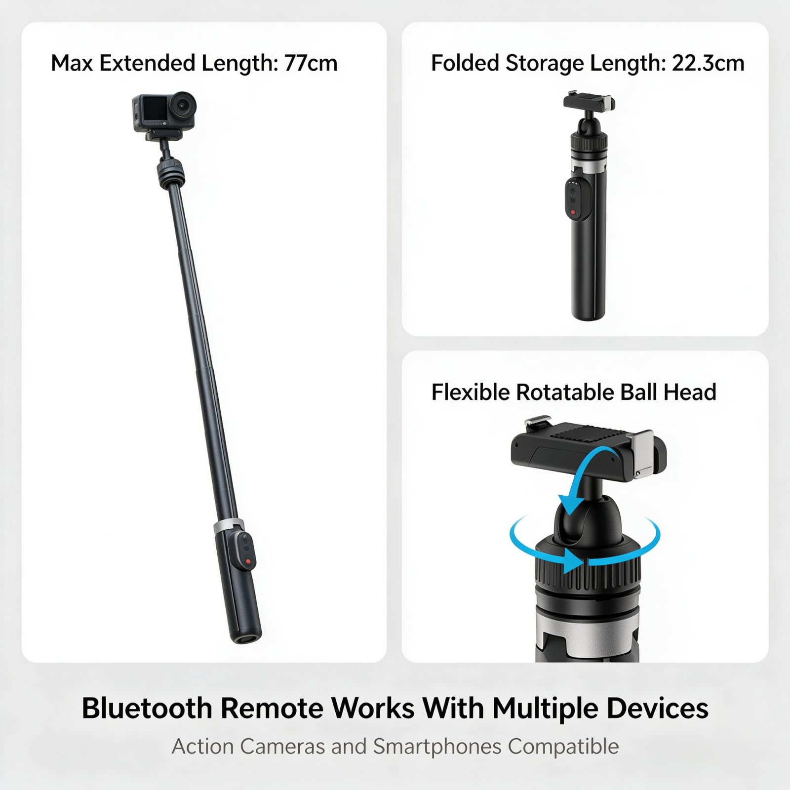 Bastone per selfie Bluetooth 3 in 1 compatibile con DJI Osmo Action 6, supporto remoto wireless estensibile da 77 cm, bastone per selfie con ricezione audio con clip magnetica da bavero, per riprese