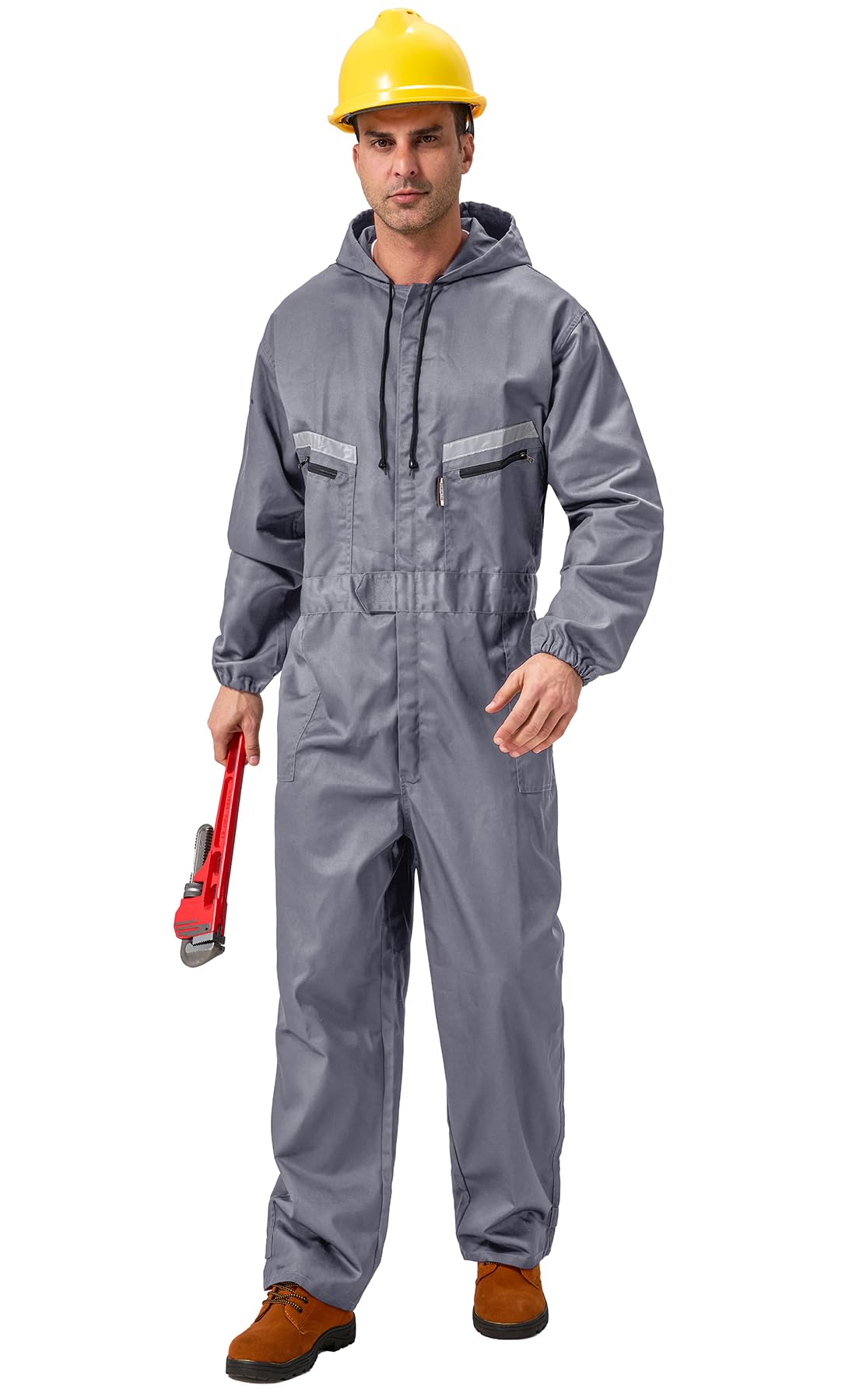 Uomo Incappucciato Tuta da Lavoro Multitasche in Poliestere e Cotone Tuta da Lavoro con Elastico Salopette da Lavoro Uniforme con Tasche, Grigio, M
