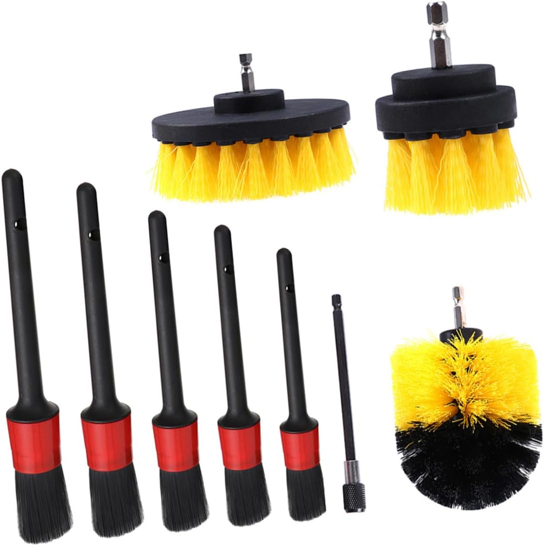9pcs Drill Brush Set Car Cleaning Tools Power Scrubber Brushes for Auto Detailing and Surface Cleaning with Yellow Bristle Heads
