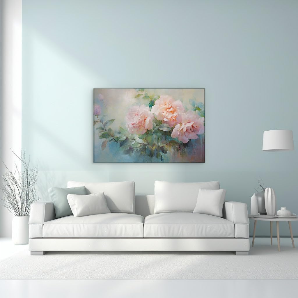 Canvas for Living room. Blossoming Elegance: A Trio of Pink Roses in Realistic Oil Majesty, 27 x 18 inch Canvas Wall Art - Contemporary Masterpieces - Botanical Home Decor