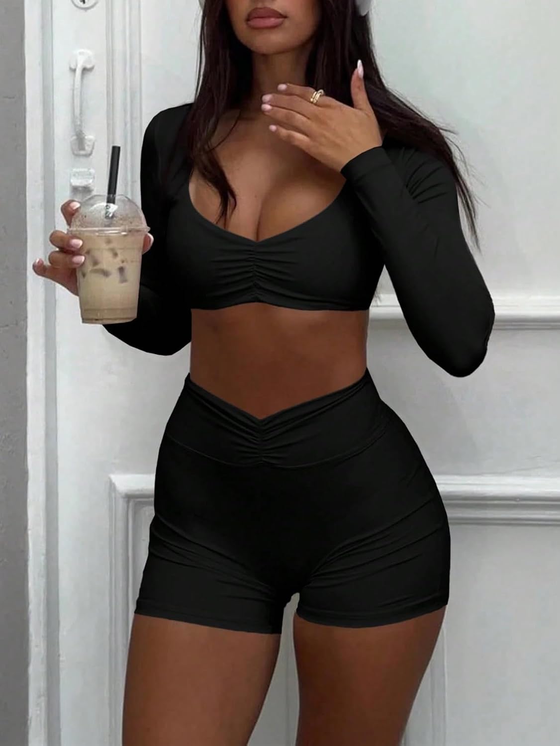 Two Piece Workout Sets for Women Long Sleeve Crop Top High Waist Scrunch Shorts Seamless Matching Gym Yoga Outfit