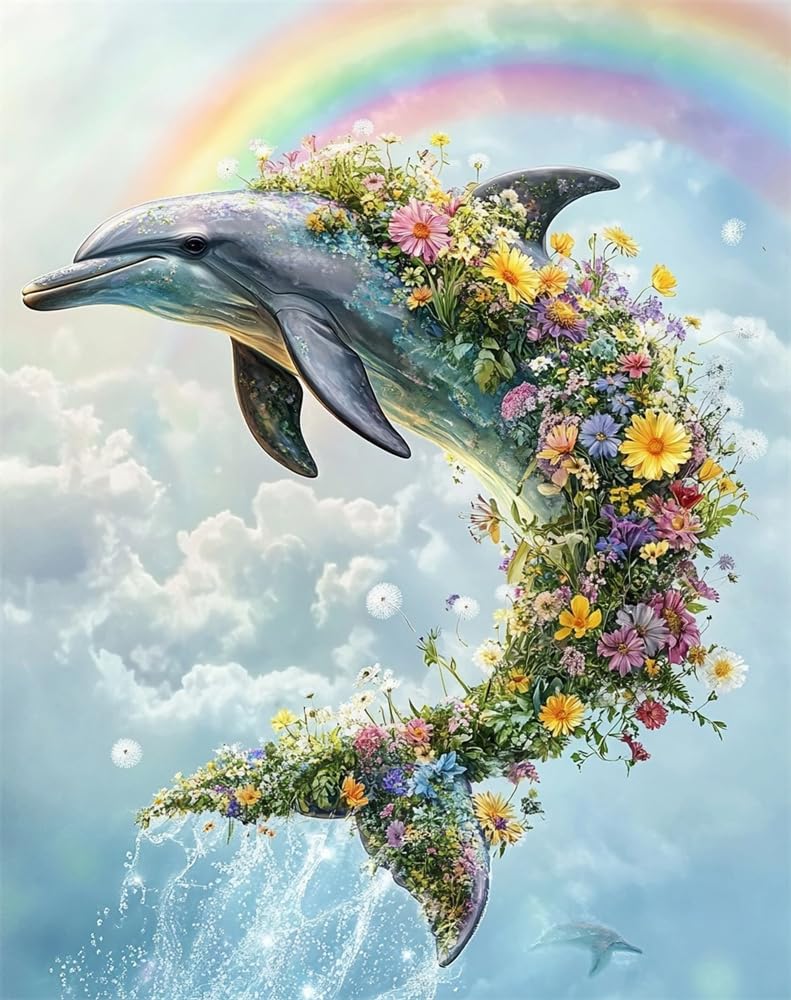 Henypt 11Ct Cross Stitch, Dolphin and Flowers 11 Count Counted Stamped Pre Printed Cross Stitch Embroidery Kits for Adults Beginners Starter Advanced Easy Crossstitch Patterns Set Wall Decor 40X50