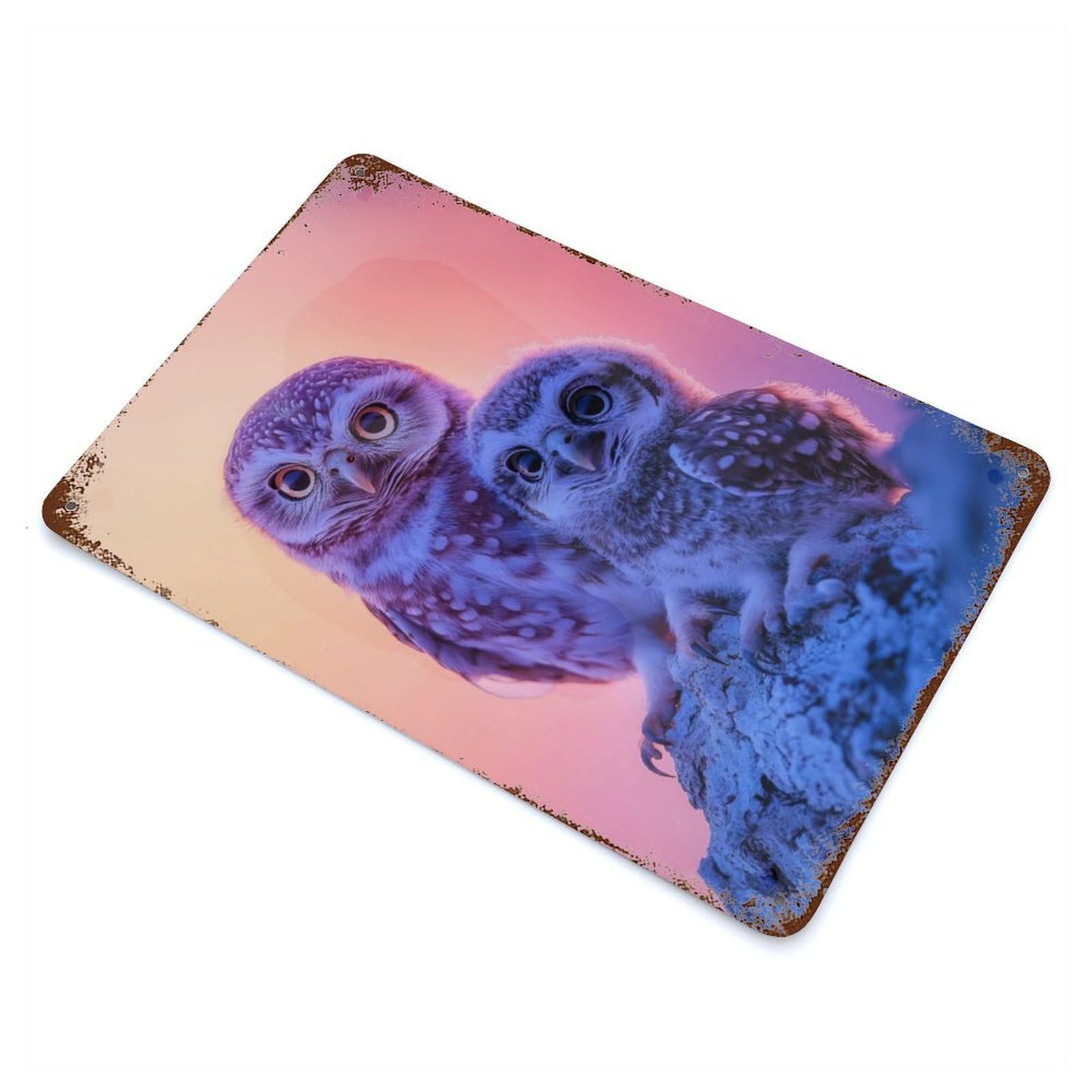 Rusty Metal Tin Sign with Two Owls on A Branch Design 11.8"x7.9", for Shed, Workshop And Garage Wall Decor, Classic Wall Plaque