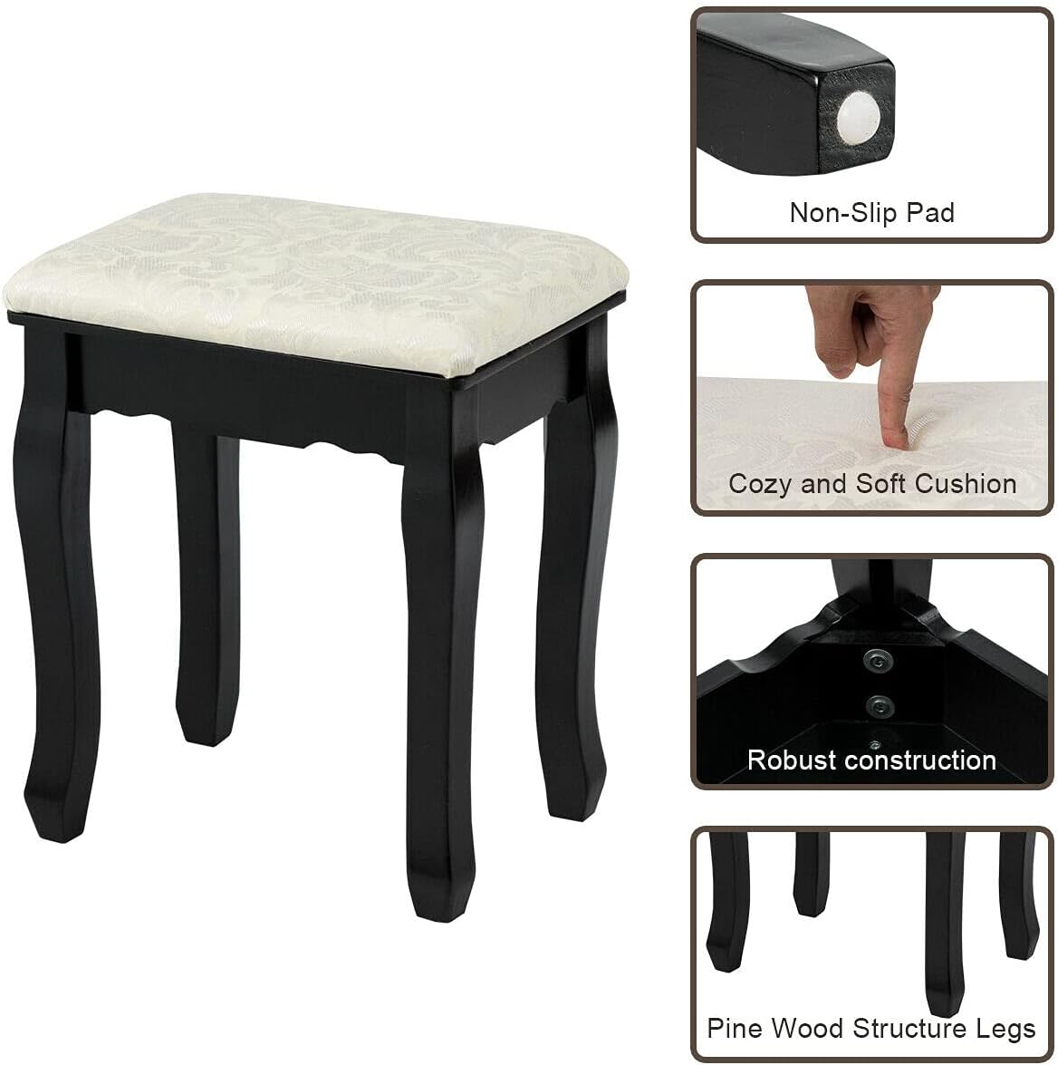 DORTALA Makeup Vanity Table Set, 5 Drawers Dressing Table w/ 360° Rotating Oval Mirror, Detachable Top, 12 LED Light Bulbs, Multifunctional Girl Dressing Table Set w/Vanity Padded Bench, Black