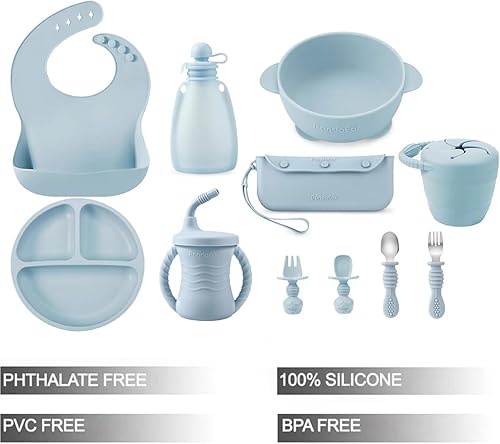 Miniatura 2 de PandaEar Juego de alimentación de silicona para bebés | 11 piezas de suministros de destete para bebés | Utensilios de autoalimentación | Placa de