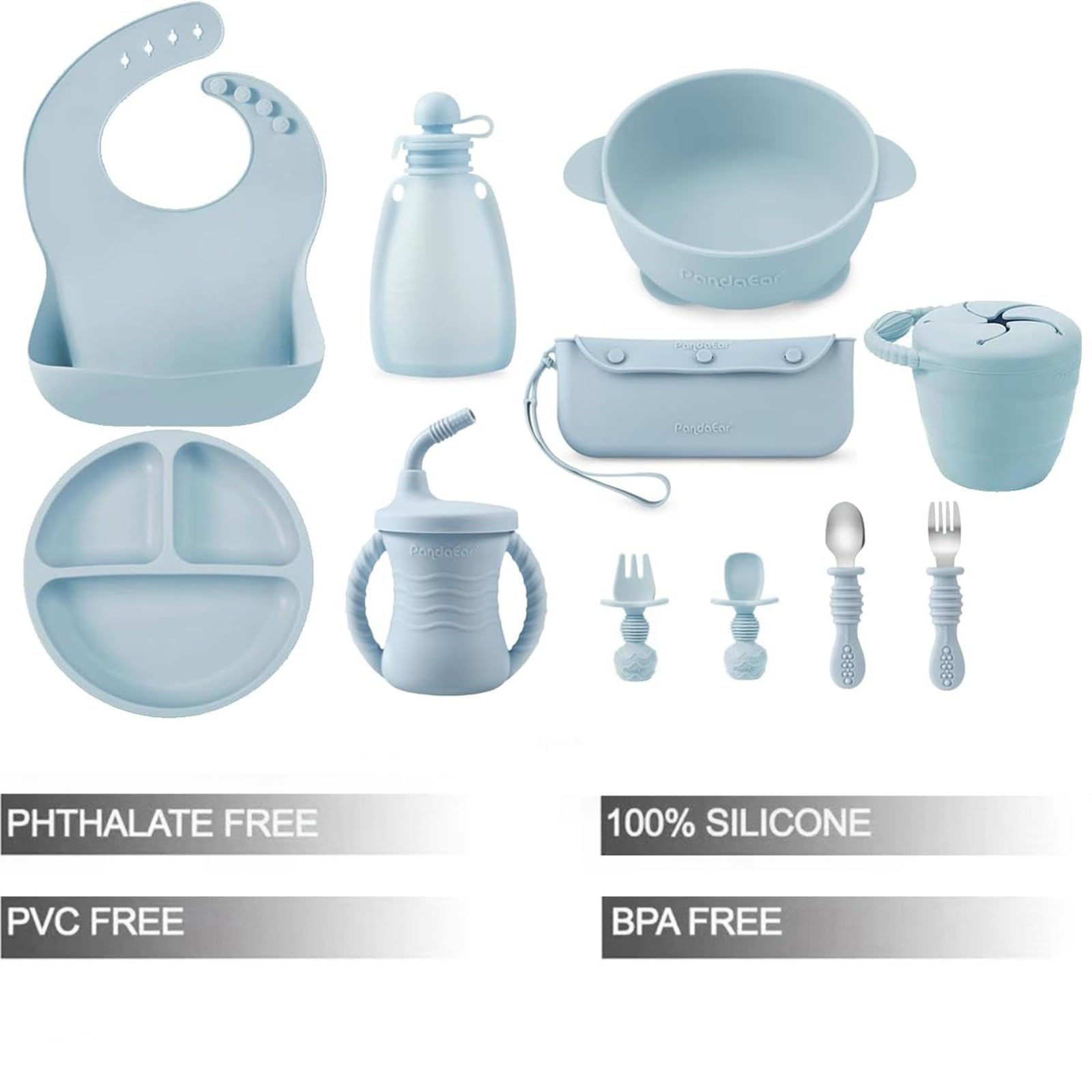PandaEar Set per l'alimentazione del bambino in silicone, 11 pezzi, utensili per lo svezzamento a LED, utensili per l'alimentazione autonoma, piatto con ventosa divisa, ciotola, bavaglini, tazza con