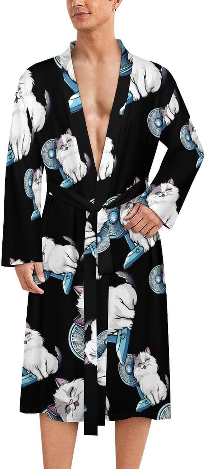 Cute Cat Print Men's Robe Soft Bathrobe V Neck Loungewear Sleepwear Nightgown Dressing Gown
