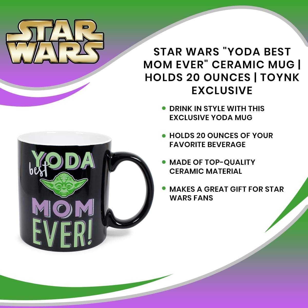 Star Wars Exclusive Yoda Best Mom Ever Ceramic Coffee Mug | Mother's Day Gift Idea | Disney Kitchen Accessories and Drinkware For Home Bar Set | Holds 20 Ounces