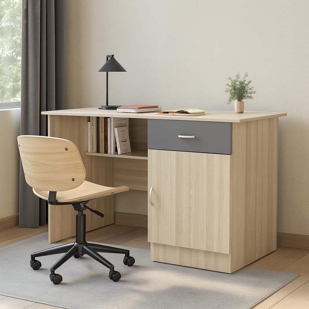 CREATIVE QUBE 120x60x75cm Engineered Wood Study & Office Table | 1 Year Warranty | Matte Finish Free Standing Compact Modern Computer Desk with Drawer & Cabinet | Rolex Brown Finish- Moldau Acacia
