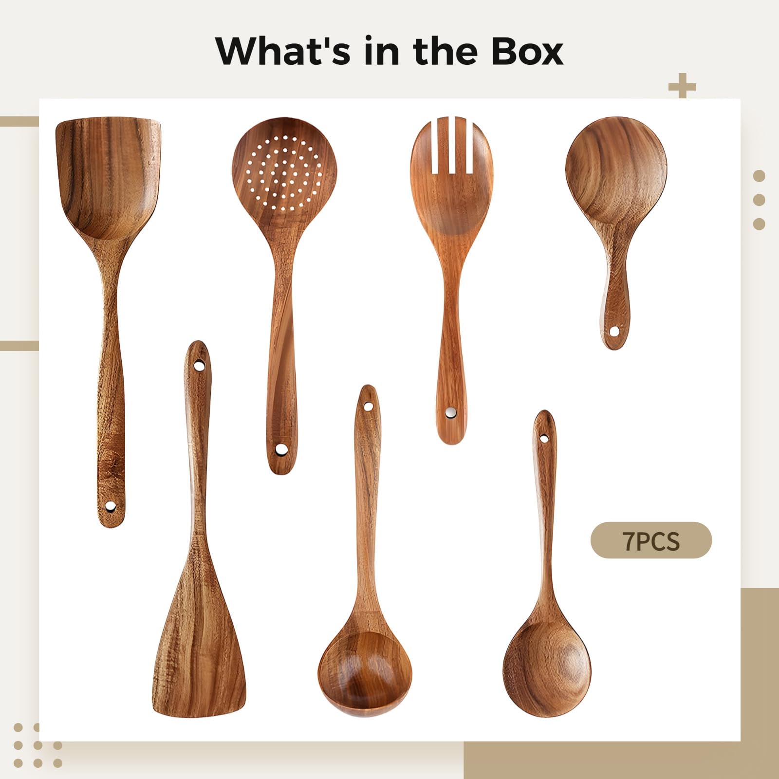 Küchenhelfer-Set, 7-teilig, aus Teakholz, Kochutensilien aus Holz mit langen Griffen, antihaftbeschichtet und hitzebeständig, ideal für den täglichen Gebrauch
