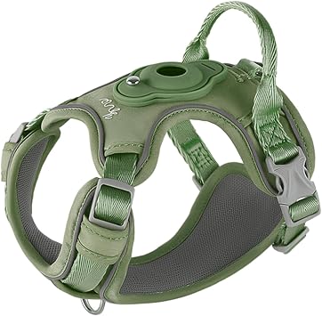 TSPRO AirTag Retainer Dog Harness with Handle for Small Dogs, Pull Prevention, Adjustable Size, Night Reflective Material, Anti-Loss, Breathable Comfortable Dog Harness Perfect for Walking, Lessing Green Size 1
