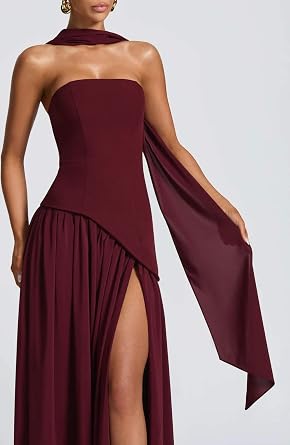 Chiffon Bridesmaid Dresses Long Slit Formal Evening with Scarf | strapless chiffon bridesmaid dresses,formal wedding guest dress with scarf,corset prom dress with slit, a line maxi dress