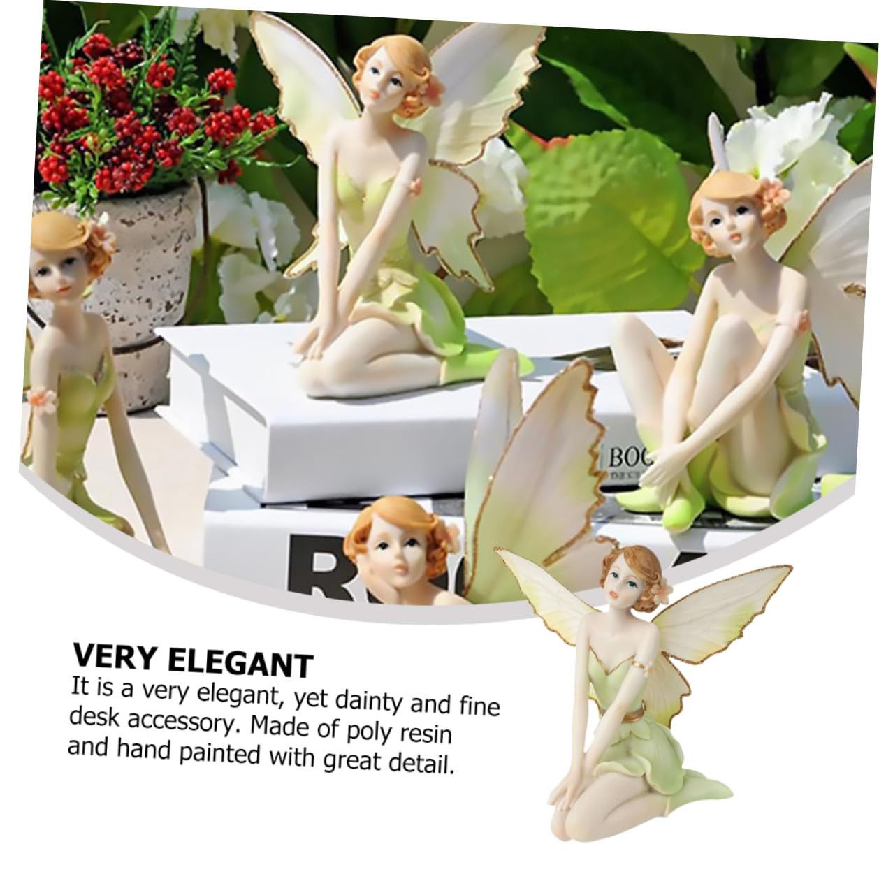 OUNONA Figura de Resina de Hada Flor y Ángel Pintada a Mano en Color Verde Superficie Lisa, Adorno Elegante para Sala o Escaparate, Obsequio Adecuado para Niñas