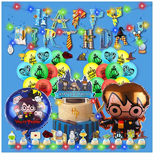 Usizaxol 51PCS Decoration Anniversaire Harry Potter avec Lumières LED, Deco Gateau Harry Potter, Décoration de Fête D'anniversaire pour Les Enfants Cover
