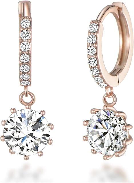 Rose Gold Plated Solitaire Drop Hoop Earrings Created with Zircondia® Crystals