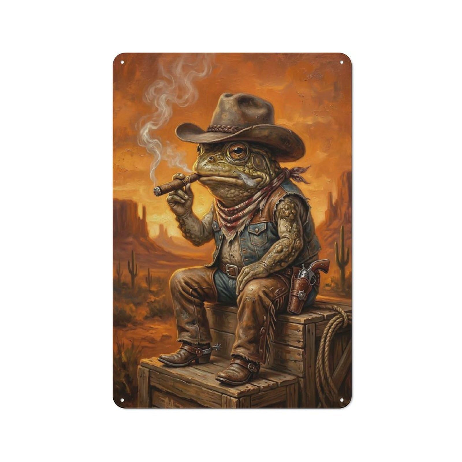 Junmoney Style Cowboy Frog Smoking Cigar In Desert Tin Wall Sign 30X20cm, Country Bistro Wall Plaque For Coffee Bar, Kitchen, Bistro Or Tea Corner