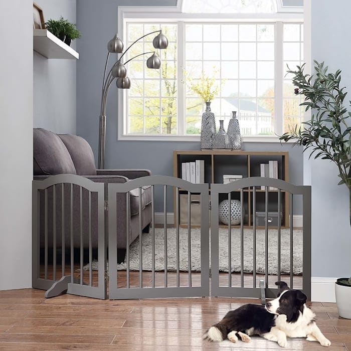unipaws Wooden Dog Gate with 2pcs Support Feet, Freestanding Pet Gate for Doorway Stairs, Decorative Dog Barrier with Arched Top, Gray, Indoor Use Only