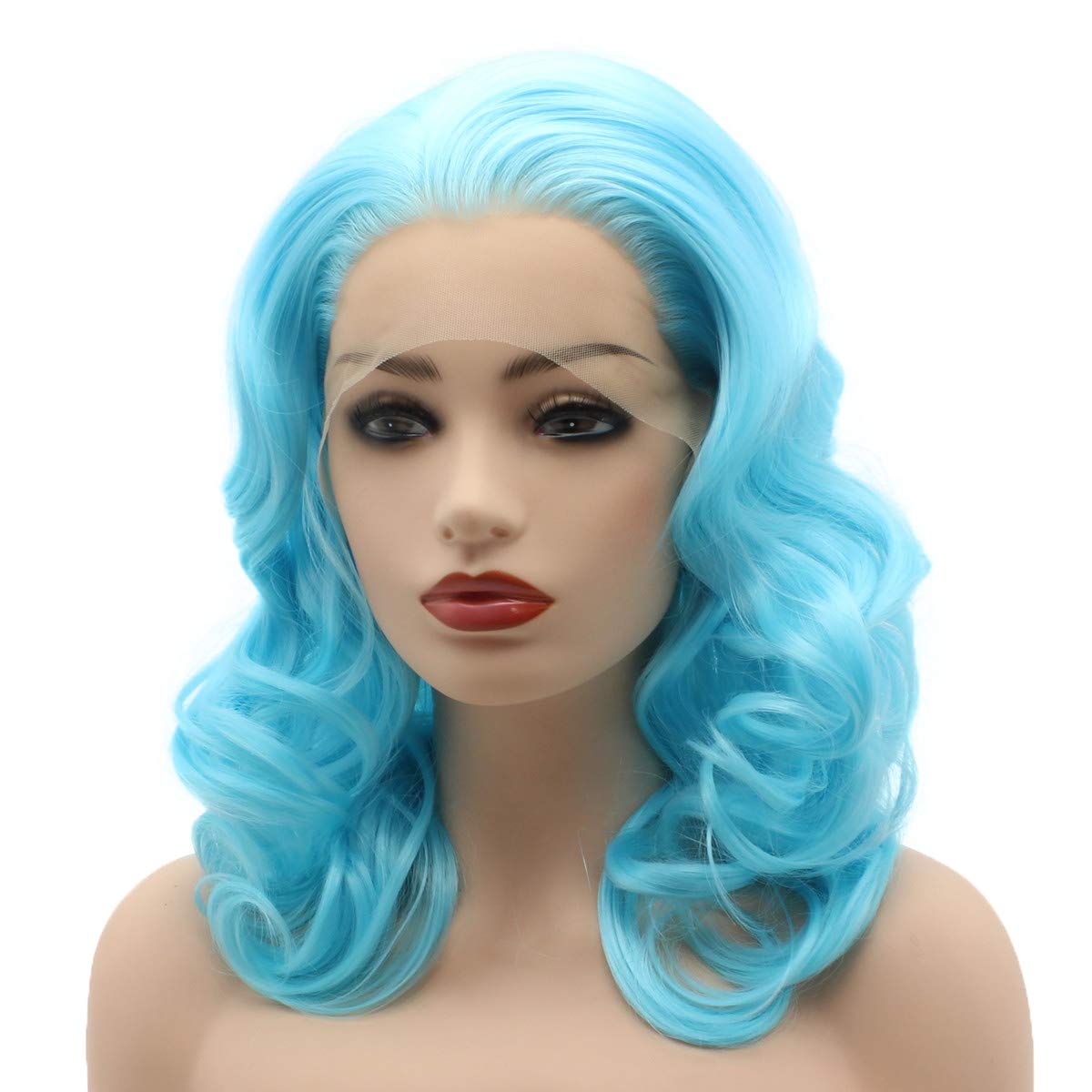 Hair Wavy Shoulder Length 16inch Light Blue Heavy Density Heat Friendly Synthetic Lace Front Wigs