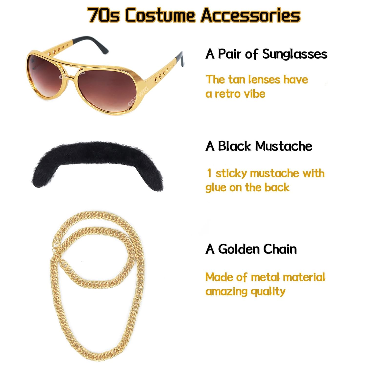 G&T Wig 70s Afro Wig for Men Disco Costume Set Glasses Chain Mustache Short Curly Natural Black Hair Fluffy Synthetic Funny Wig for Party Halloween Hippies Rocker(Black) - Image 6