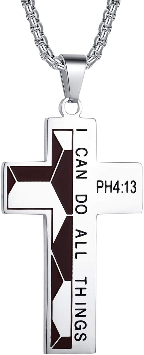 Soccer Gift for Men Cross Necklace Stainless Steel Chain Bible Verse I CAN DO All Things Pendant Sport Jewelry
