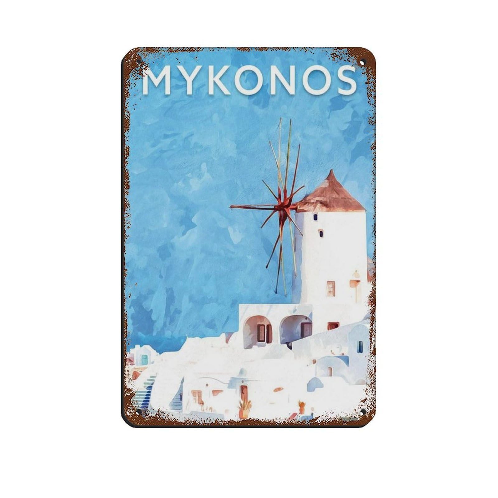 Mykonos Travel Poster, Greece Poster Tin Sign Vintage Metal Pub Club Cafe Bar Home Wall Art Decoration Poster Retro 8x12inch(20x30cm)