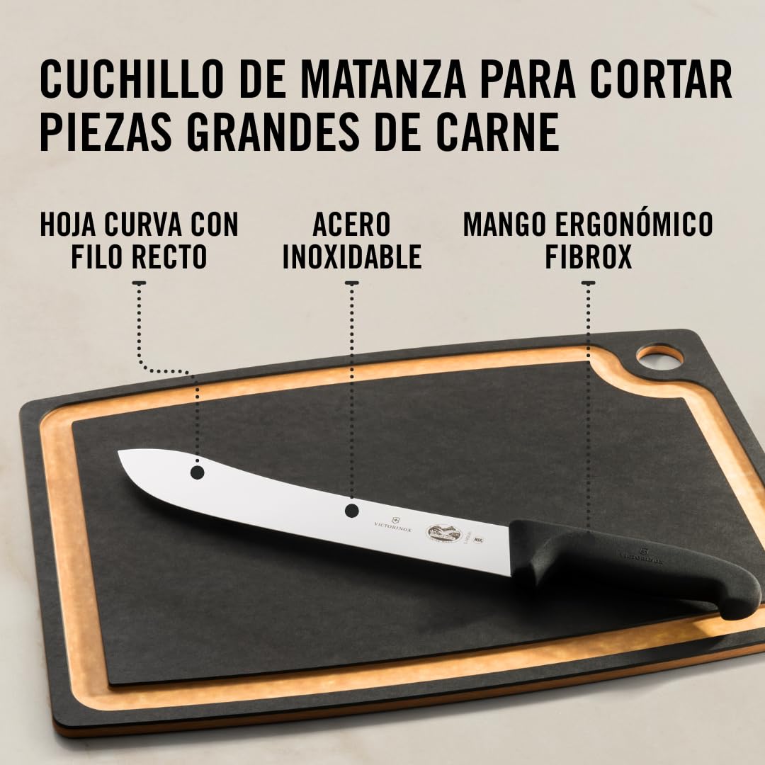 Victorinox Fibrox Cuchillo de carnicero, cuchillo largo para trocear grandes piezas de carne, 25 cm, hoja curva, afilado, acero inoxidable, negro