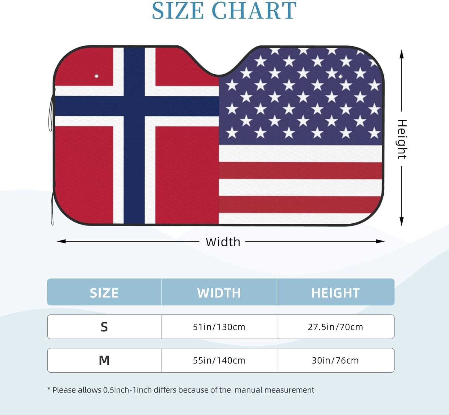 America Norway Friendship Flag Foldable Car Windshield Sunshade Blocks Heat and Sun Glare Uv Rays